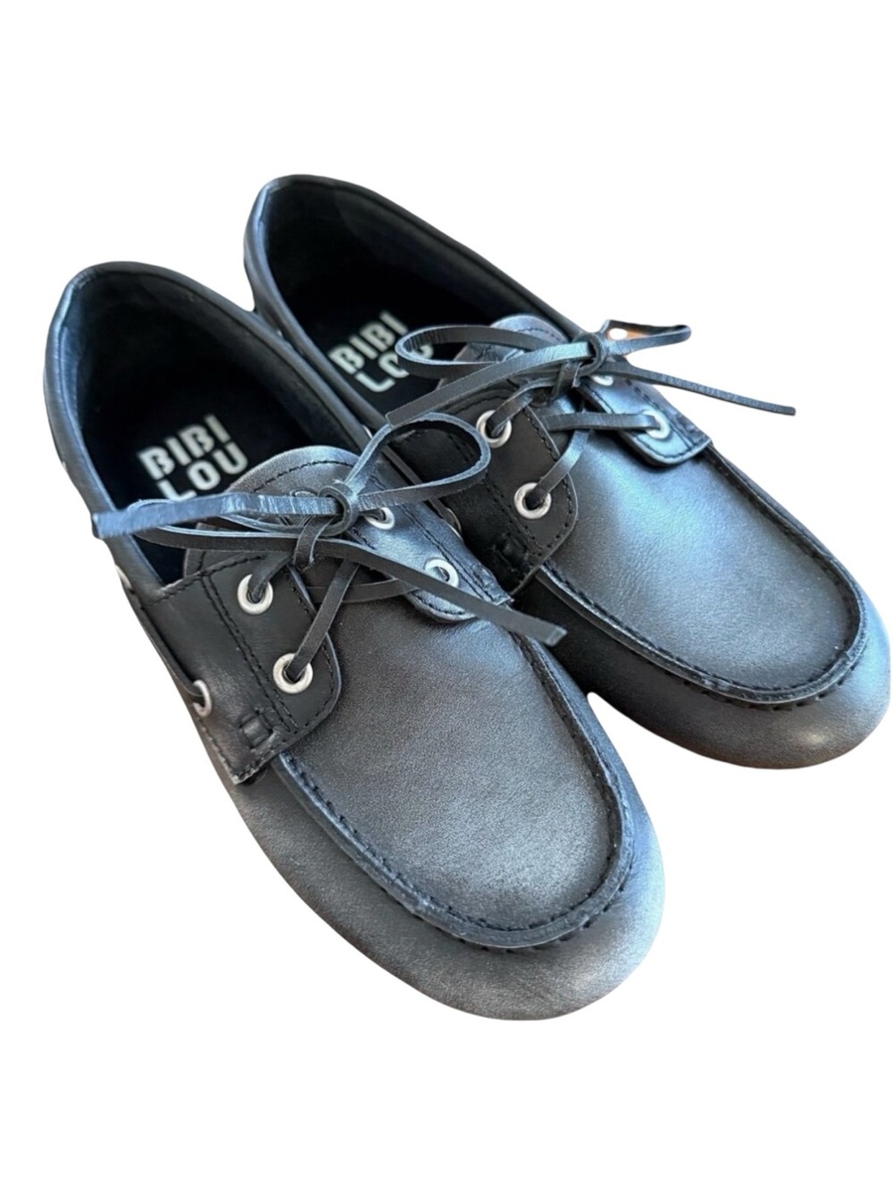 Anthropologie Bibi Lou Boat Shoes Sz EU 37 US 6-6.5 Black Leather Lace Up